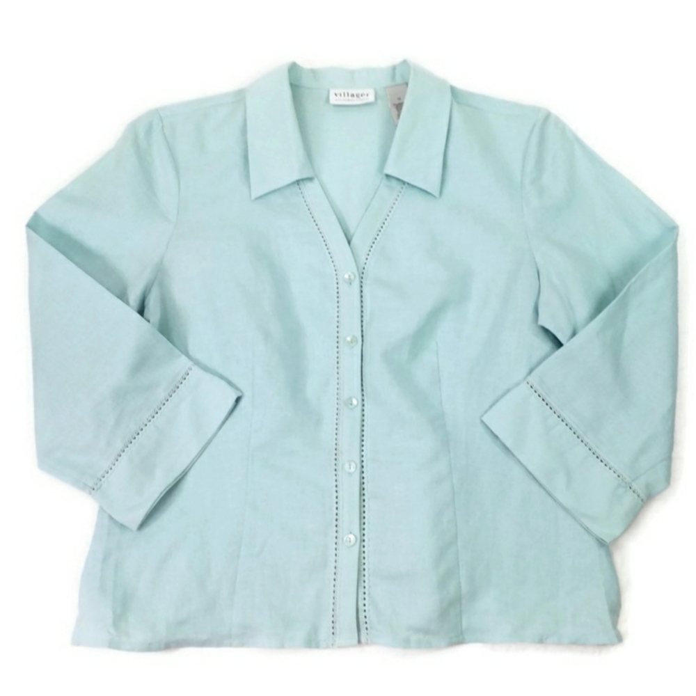 Vintage Villager Light Blue 3/4 Sleeve Button Up Linen Blend Blouse Womens 14 - Picture 12 of 13